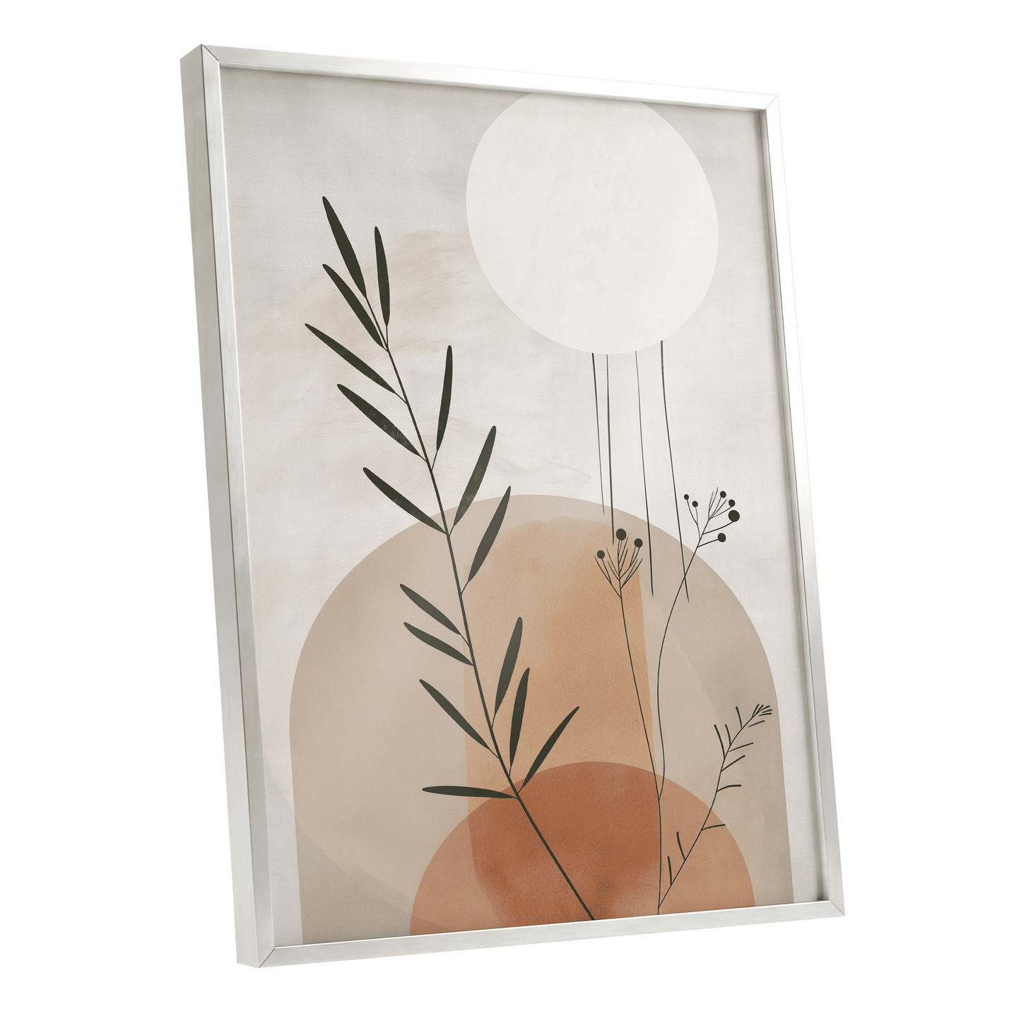 Botanical Stillness, beige, brown, green nature wall art shown as a silver framed poster wall art print