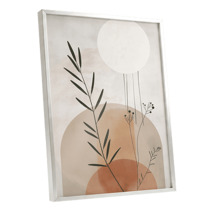 Botanical Stillness, beige, brown, green nature wall art shown as a silver framed poster wall art print