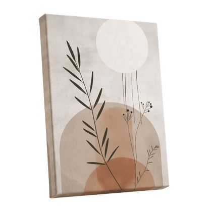 Botanical Stillness, beige, brown, green nature wall art shown as a stretched canvas wall art