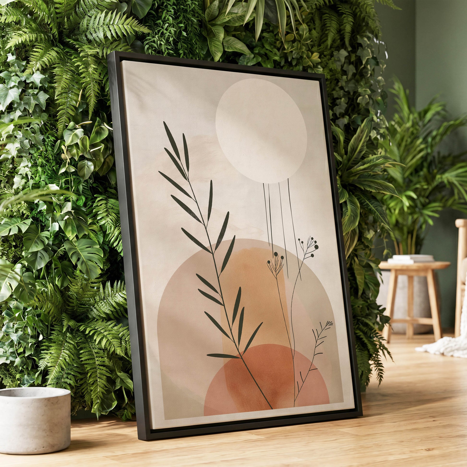 Botanical Stillness, beige, brown, green nature wall art displayed in a styled interior, gallery view 1