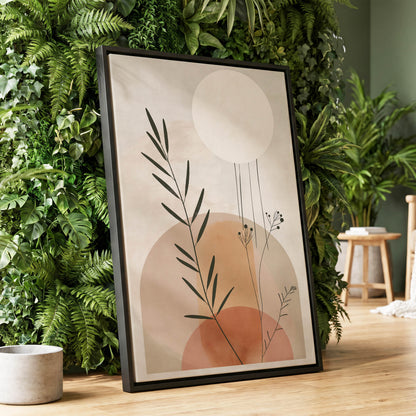 Botanical Stillness, beige, brown, green nature wall art displayed in a styled interior, gallery view 1