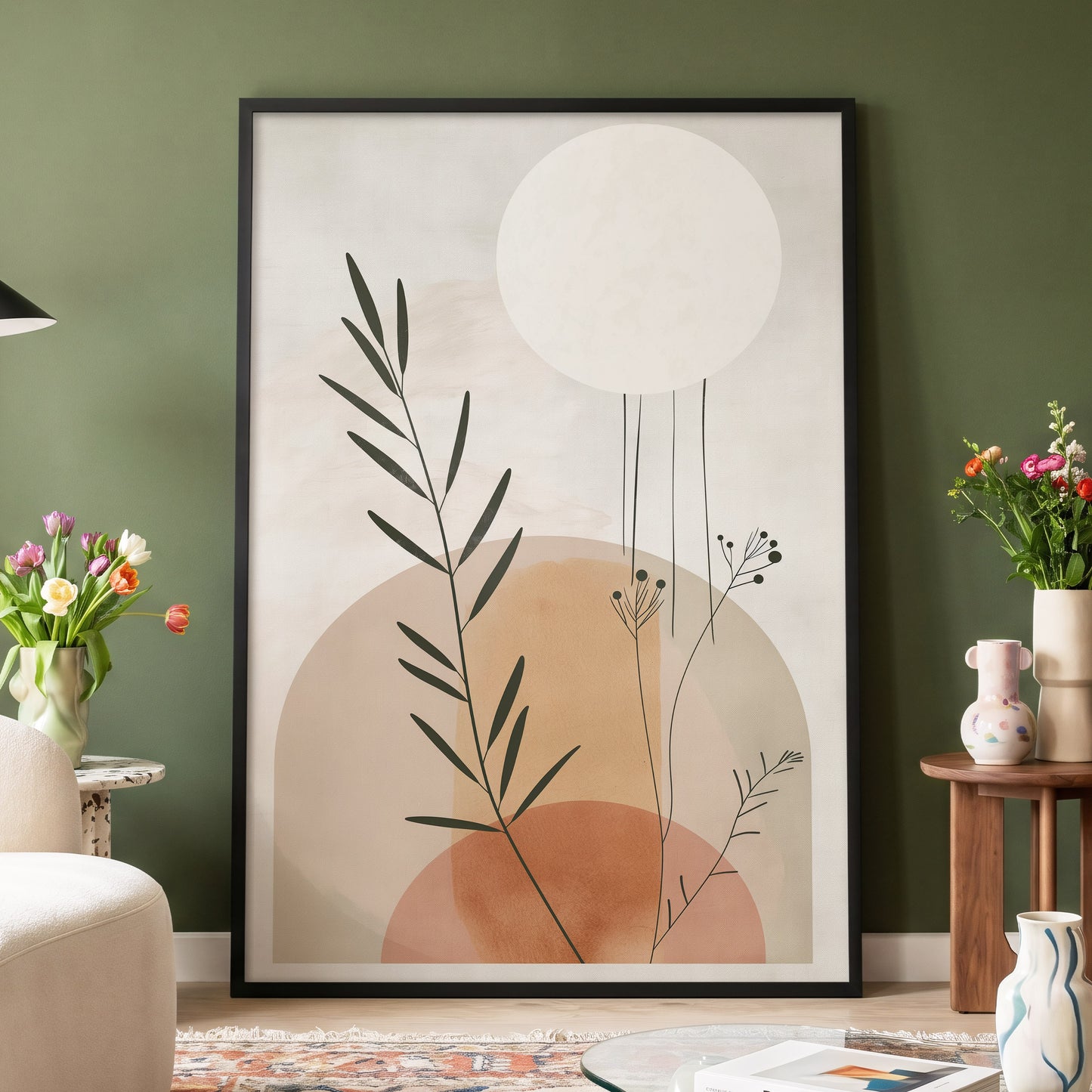 Botanical Stillness, beige, brown, green nature wall art displayed in a styled interior, gallery view 4