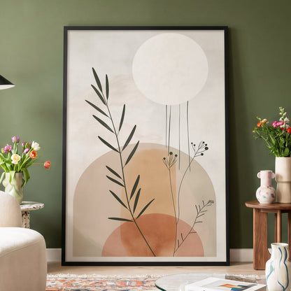 Botanical Stillness, beige, brown, green nature wall art displayed in a styled interior, gallery view 4