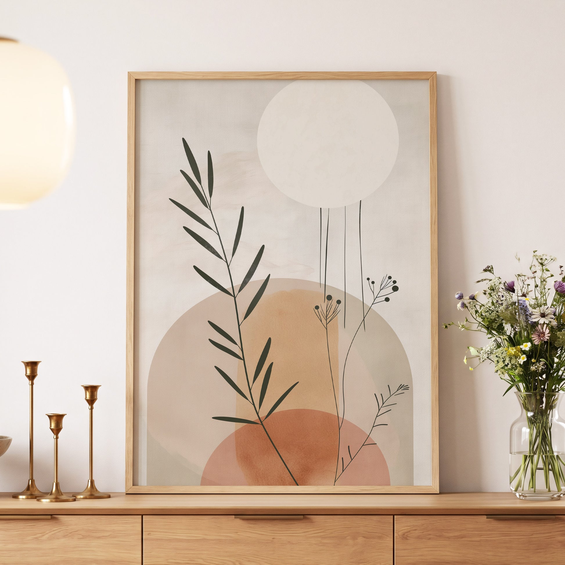 Botanical Stillness, beige, brown, green nature wall art displayed in a styled interior, gallery view 5