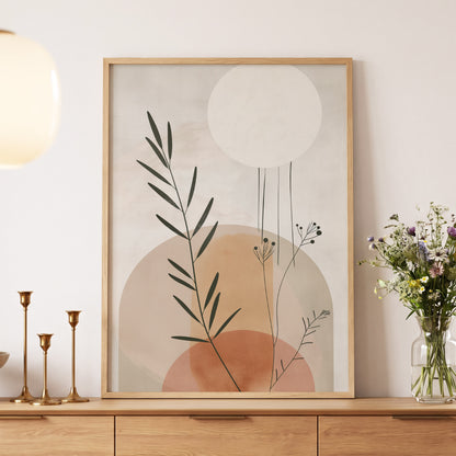 Botanical Stillness, beige, brown, green nature wall art displayed in a styled interior, gallery view 5