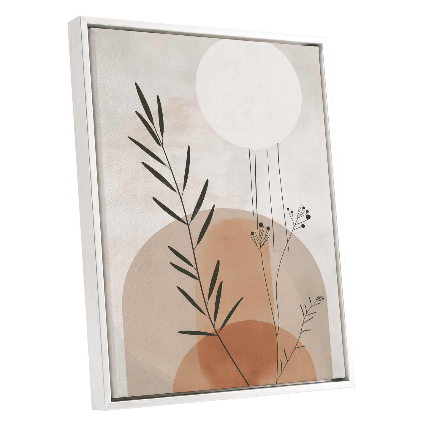 Botanical Stillness, beige, brown, green nature wall art shown as a white framed canvas wall art