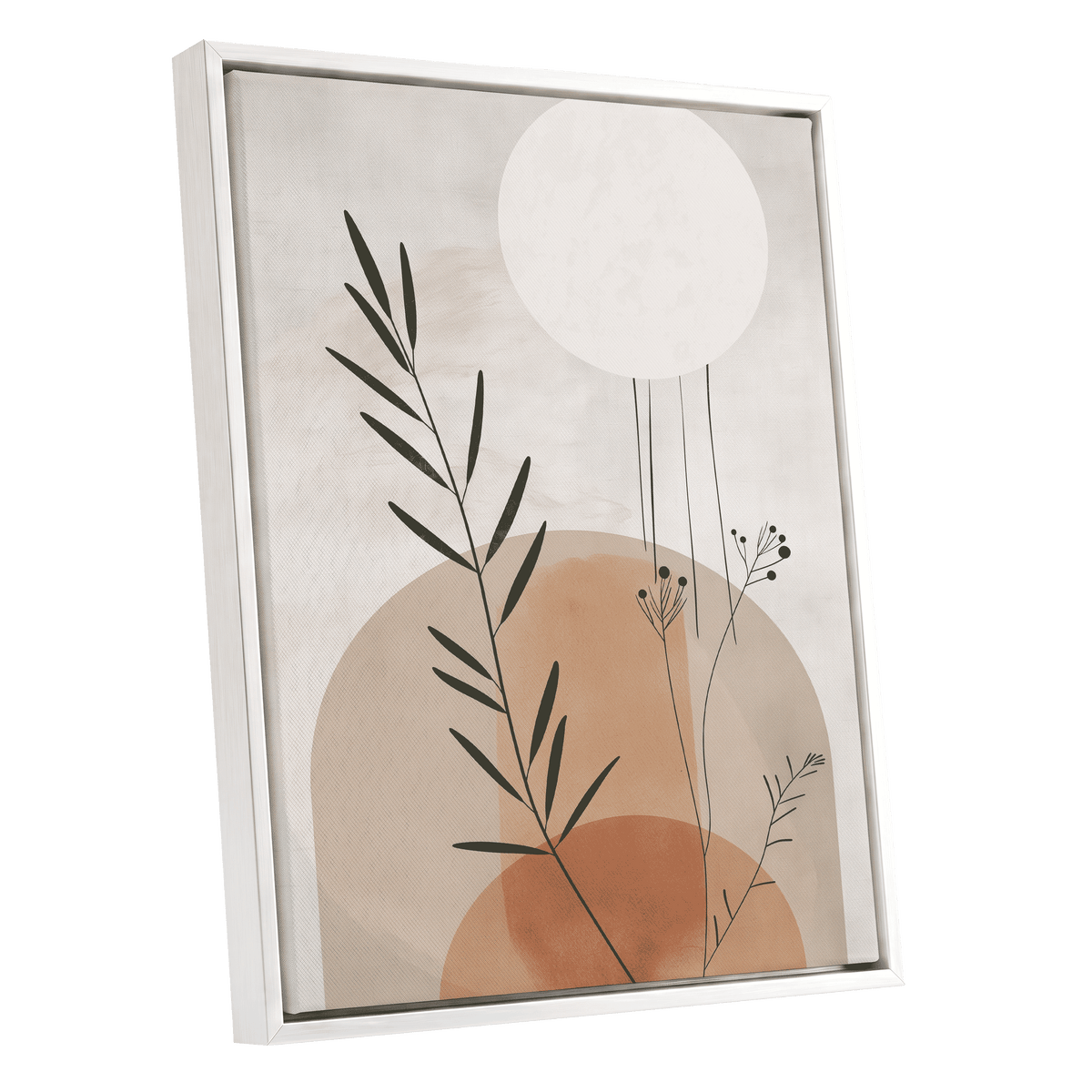 Botanical Stillness, beige, brown, green nature wall art shown as a white framed canvas wall art