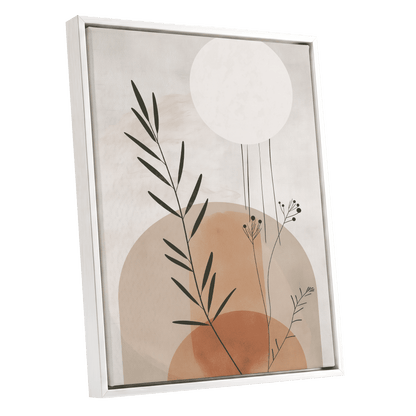 Botanical Stillness, beige, brown, green nature wall art shown as a white framed canvas wall art