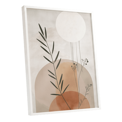 Botanical Stillness, beige, brown, green nature wall art shown as a white framed poster wall art print