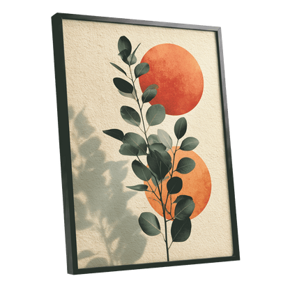 Botanical Sun Study, green, beige, orange nature wall art shown as a black framed poster wall art print