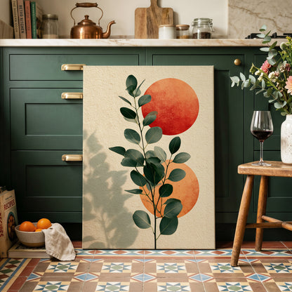 Botanical Sun Study, green, beige, orange nature wall art on canvas displayed in a styled interior, gallery view 1