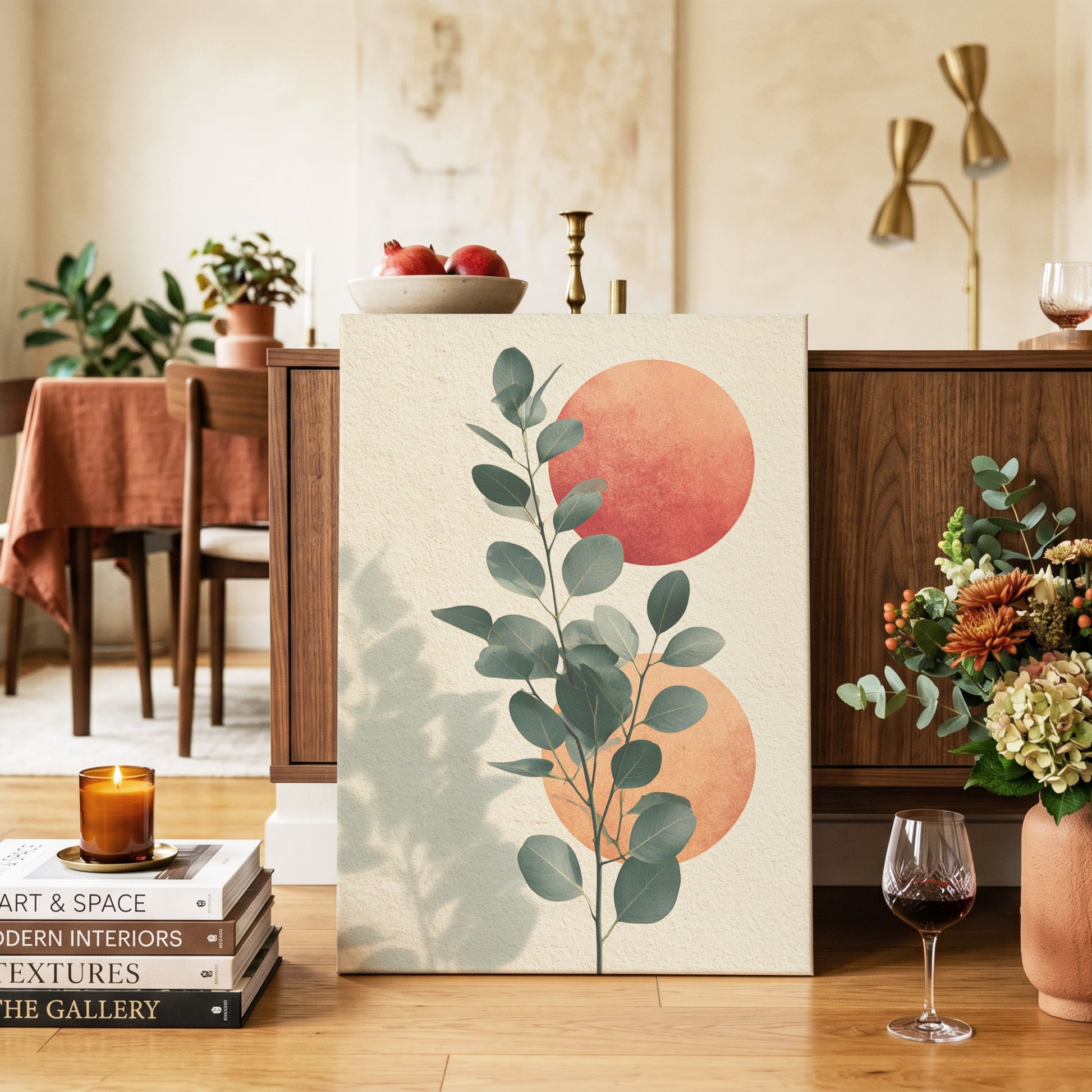 Botanical Sun Study, green, beige, orange nature wall art on canvas displayed in a styled interior, gallery view 2