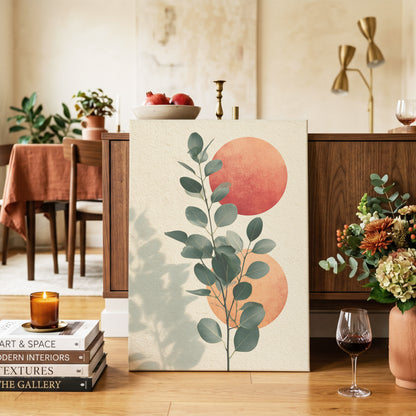 Botanical Sun Study, green, beige, orange nature wall art on canvas displayed in a styled interior, gallery view 2