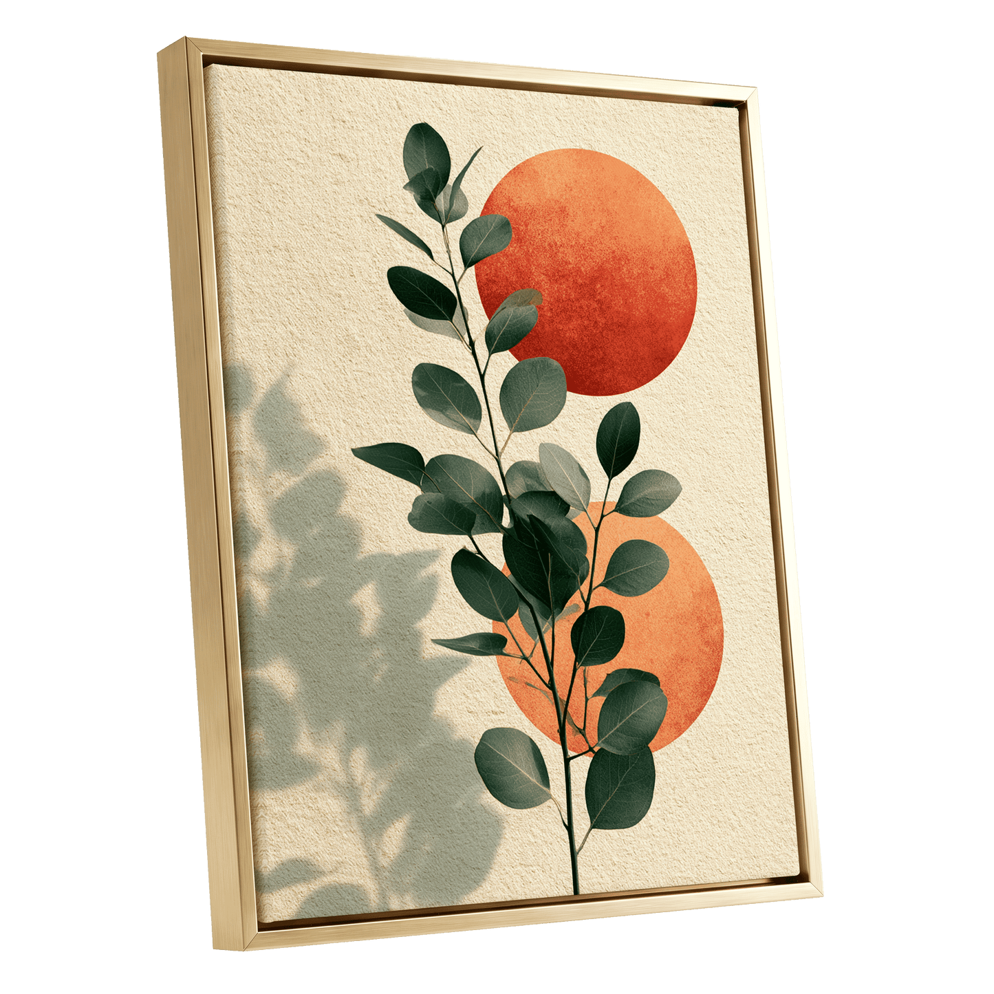 Botanical Sun Study, green, beige, orange nature wall art shown as a gold framed canvas wall art