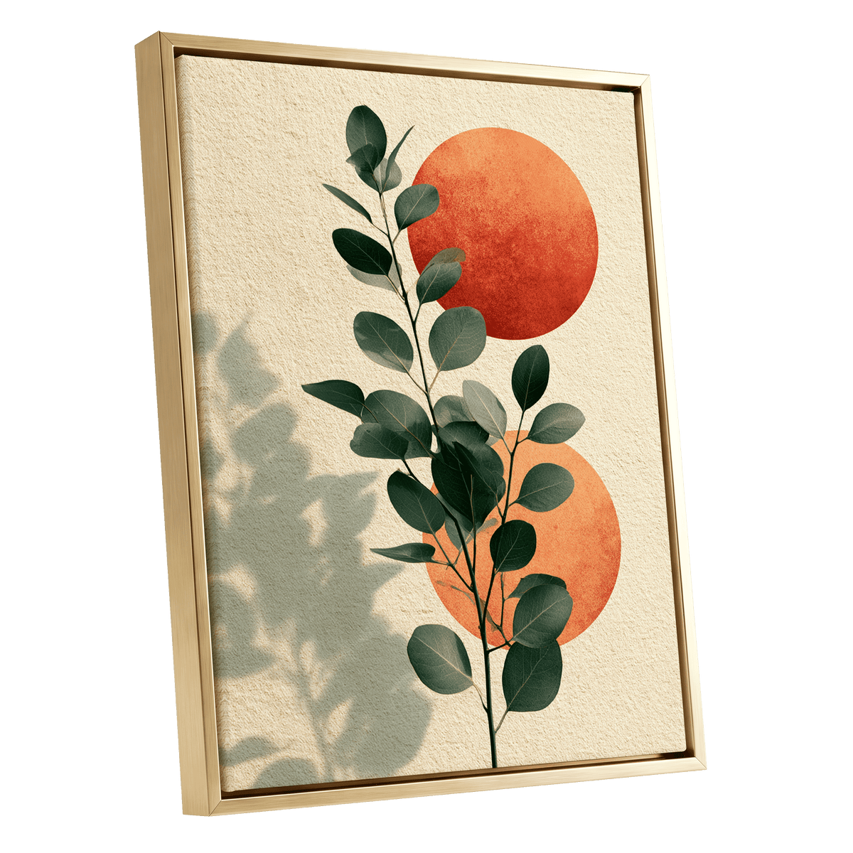 Botanical Sun Study, green, beige, orange nature wall art shown as a gold framed canvas wall art