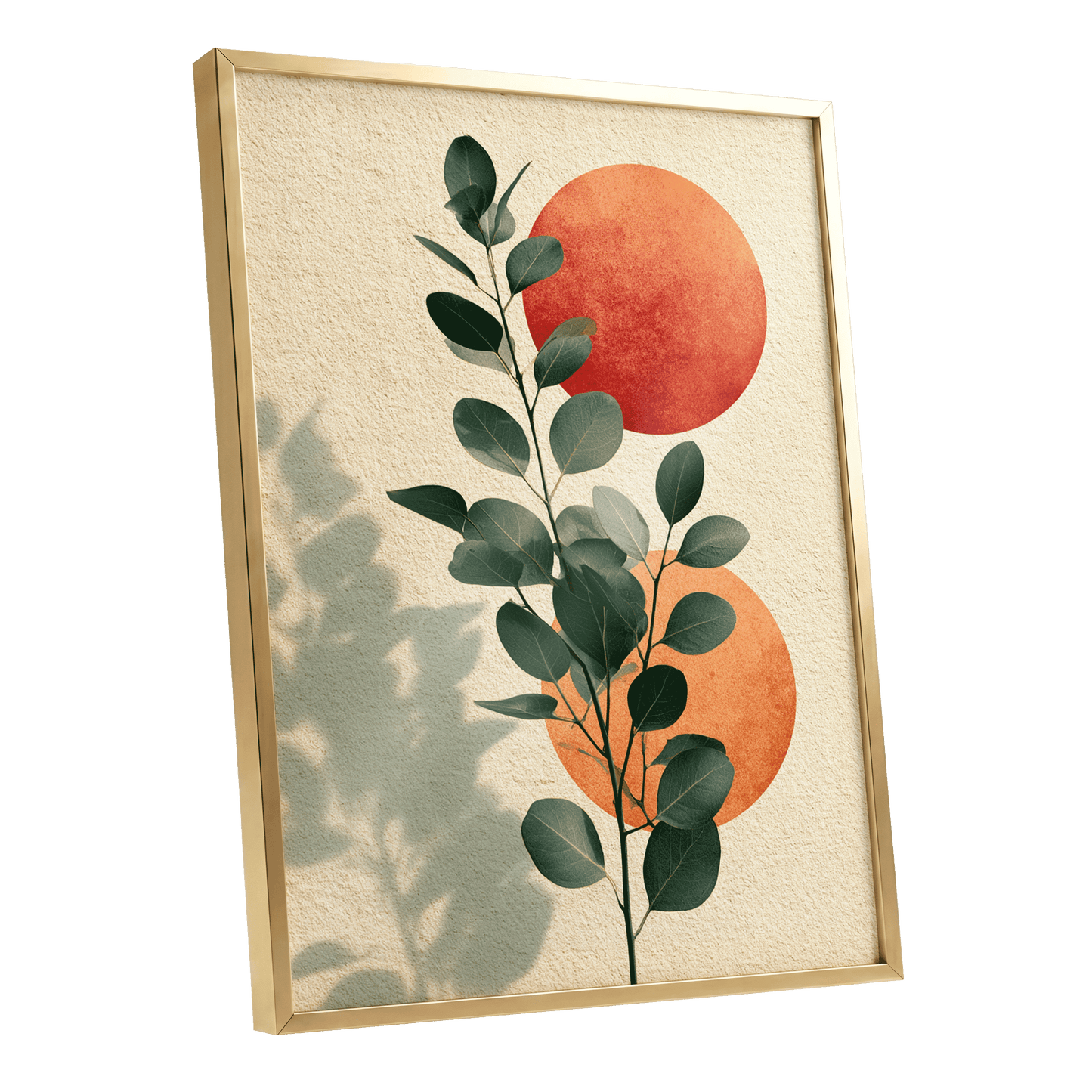 Botanical Sun Study, green, beige, orange nature wall art shown as a gold framed poster wall art print