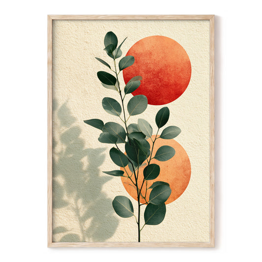 Botanical Sun Study, green, beige, orange nature wall art, front artwork view