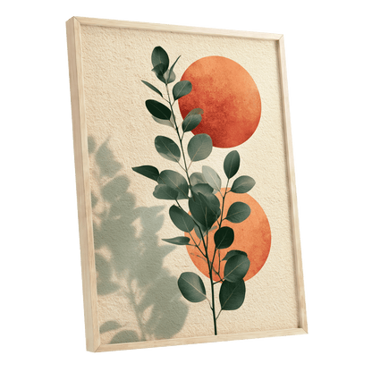 Botanical Sun Study, green, beige, orange nature wall art shown as a oak framed poster wall art print