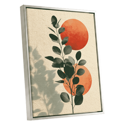 Botanical Sun Study, green, beige, orange nature wall art shown as a silver framed canvas wall art
