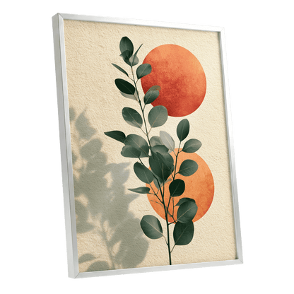 Botanical Sun Study, green, beige, orange nature wall art shown as a silver framed poster wall art print