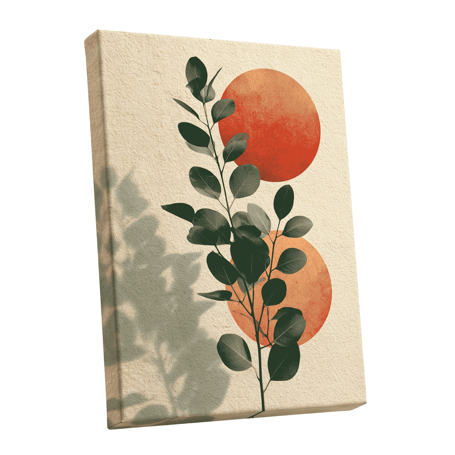 Botanical Sun Study, green, beige, orange nature wall art shown as a stretched canvas wall art