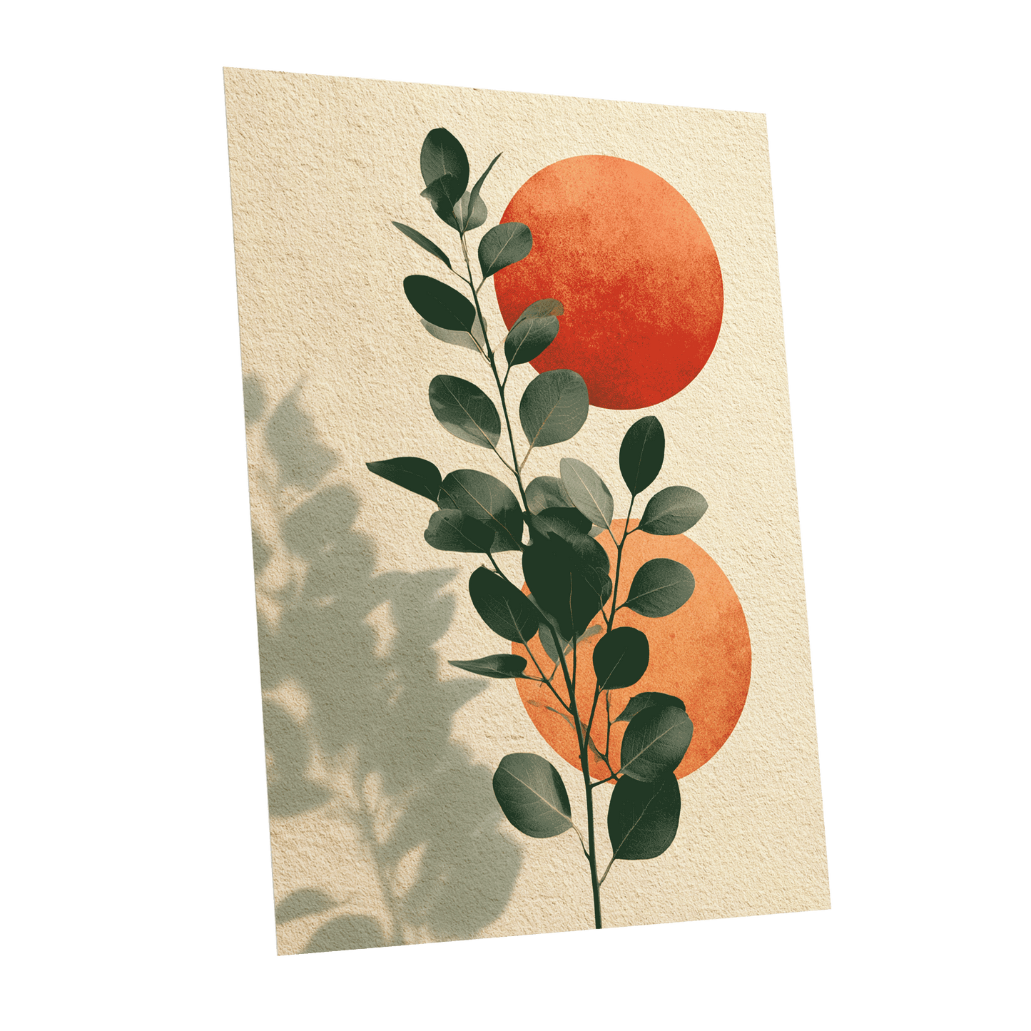 Botanical Sun Study, green, beige, orange nature wall art shown as a unframed poster wall art print