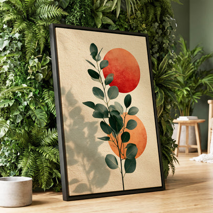 Botanical Sun Study, green, beige, orange nature wall art displayed in a styled interior, gallery view 1