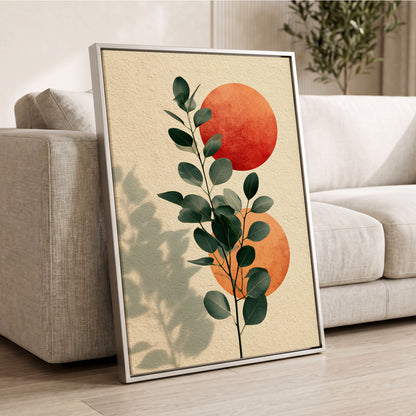 Botanical Sun Study, green, beige, orange nature wall art displayed in a styled interior, gallery view 2