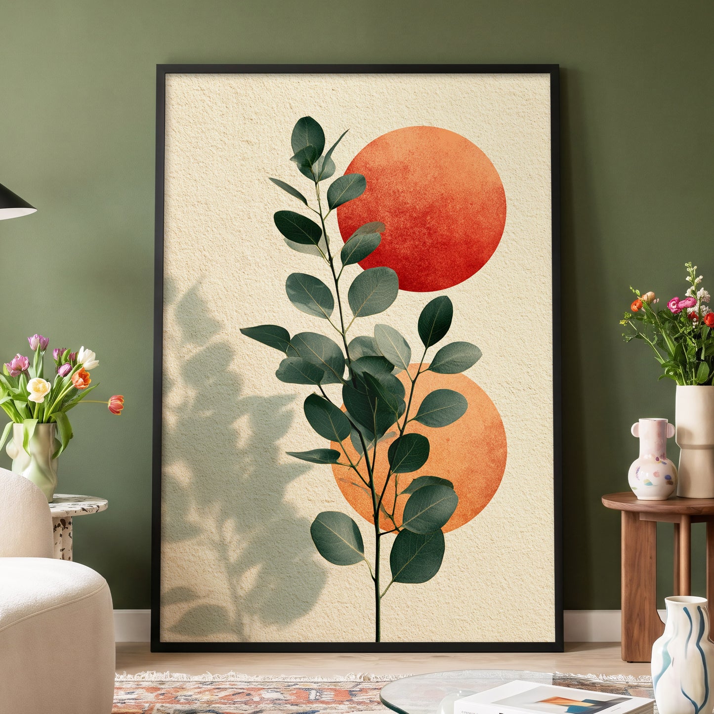 Botanical Sun Study, green, beige, orange nature wall art displayed in a styled interior, gallery view 4