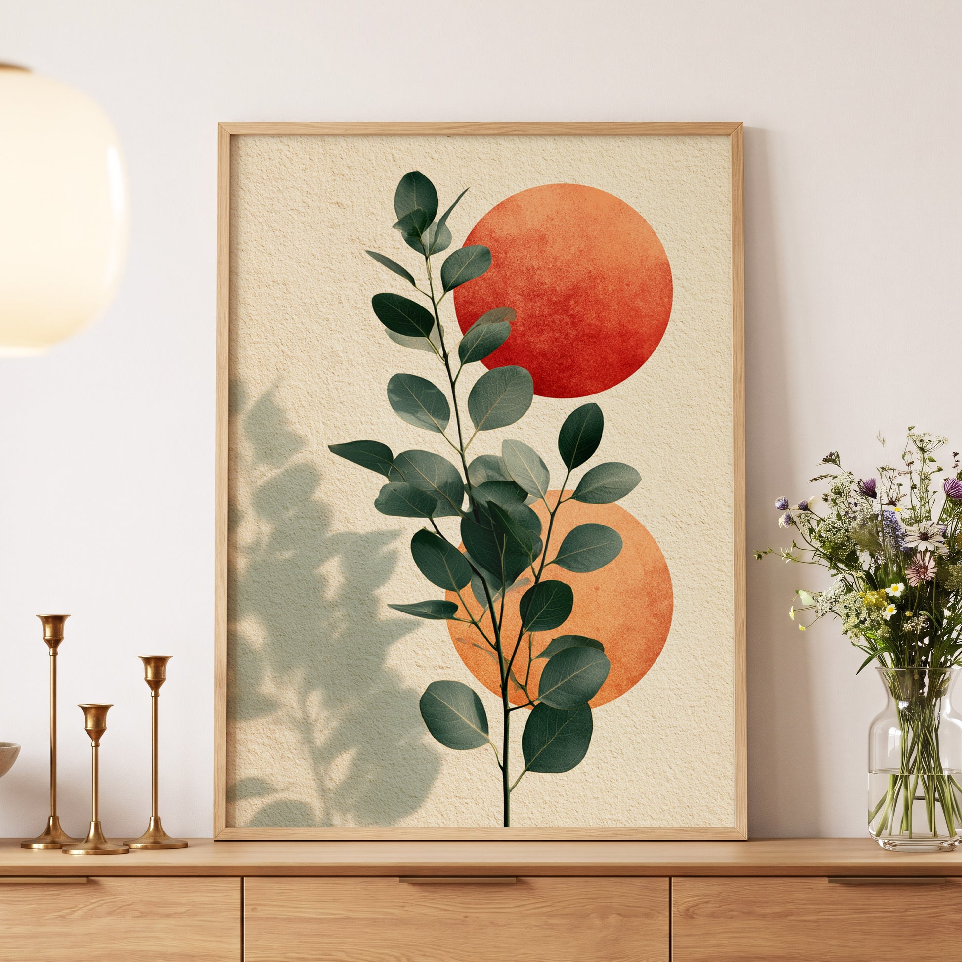 Botanical Sun Study, green, beige, orange nature wall art displayed in a styled interior, gallery view 5