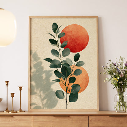 Botanical Sun Study, green, beige, orange nature wall art displayed in a styled interior, gallery view 5