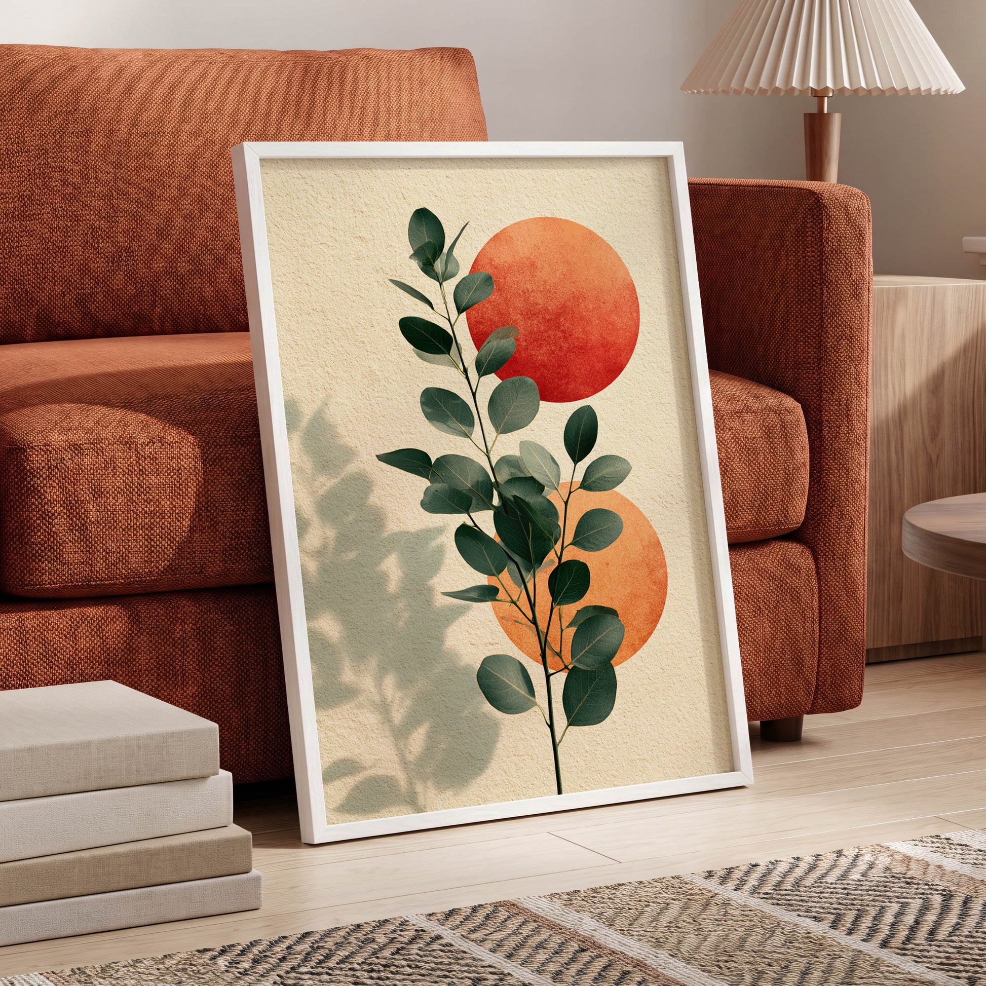Botanical Sun Study, green, beige, orange nature wall art displayed in a styled interior, gallery view 6