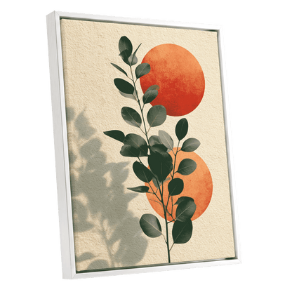 Botanical Sun Study, green, beige, orange nature wall art shown as a white framed canvas wall art