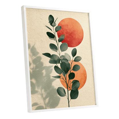 Botanical Sun Study, green, beige, orange nature wall art shown as a white framed poster wall art print