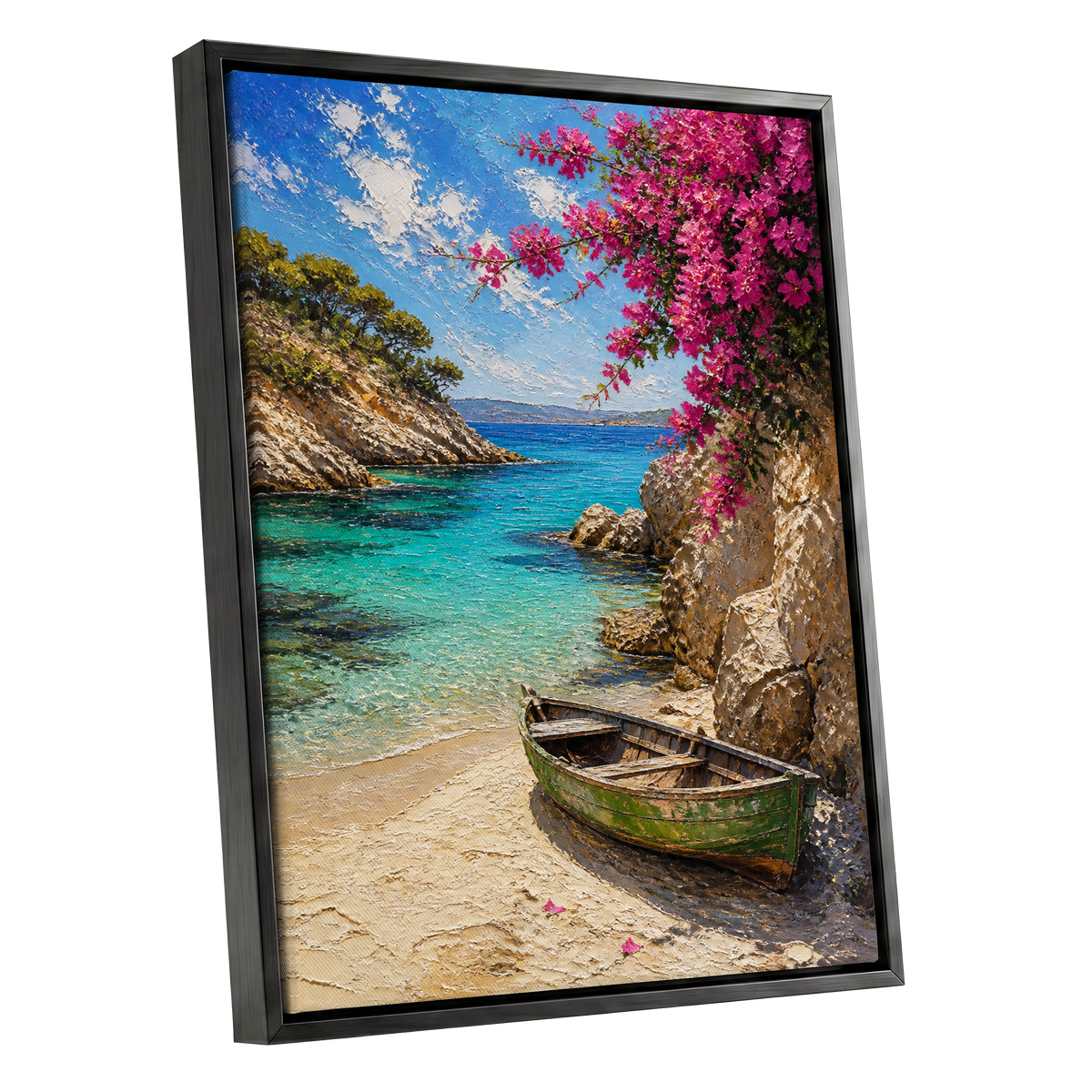 Bougainvillea Cove, blue, pink, beige nature wall art shown as a black framed canvas wall art