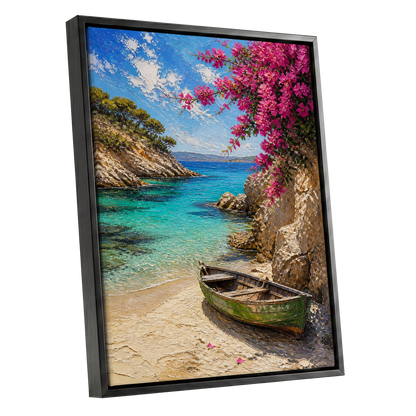 Bougainvillea Cove, blue, pink, beige nature wall art shown as a black framed canvas wall art