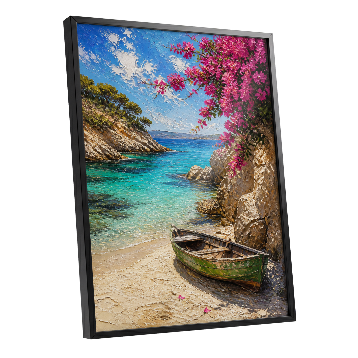 Bougainvillea Cove, blue, pink, beige nature wall art shown as a black framed poster wall art print