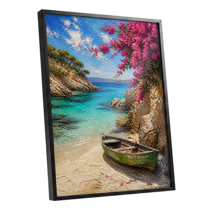 Bougainvillea Cove, blue, pink, beige nature wall art shown as a black framed poster wall art print