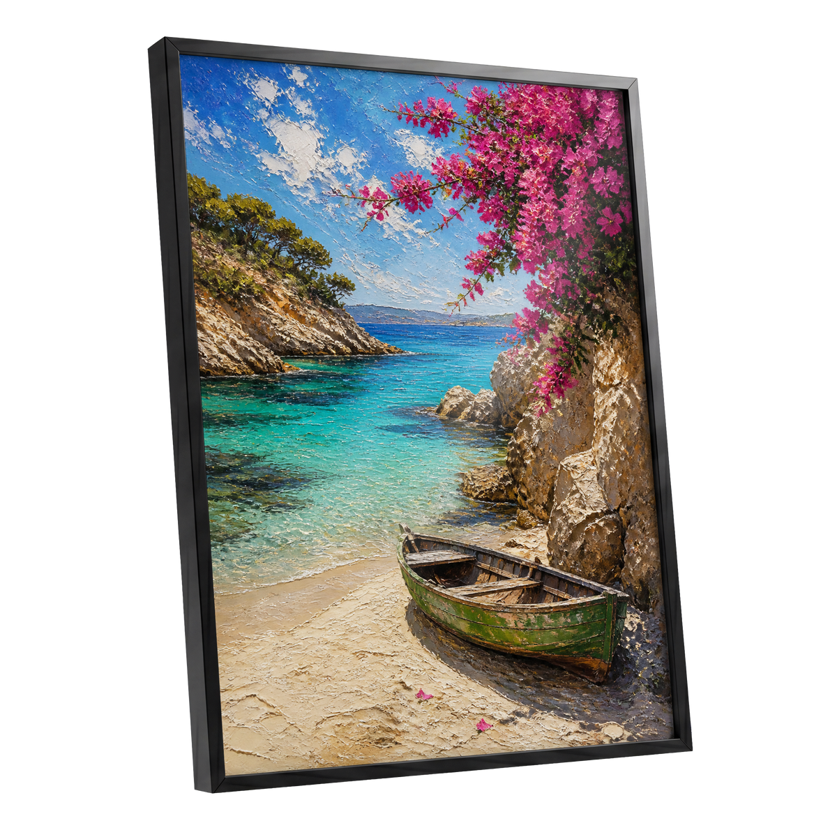 Bougainvillea Cove, blue, pink, beige nature wall art shown as a black framed poster wall art print