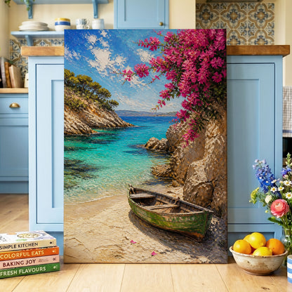 Bougainvillea Cove, blue, pink, beige nature wall art on canvas displayed in a styled interior, gallery view 1