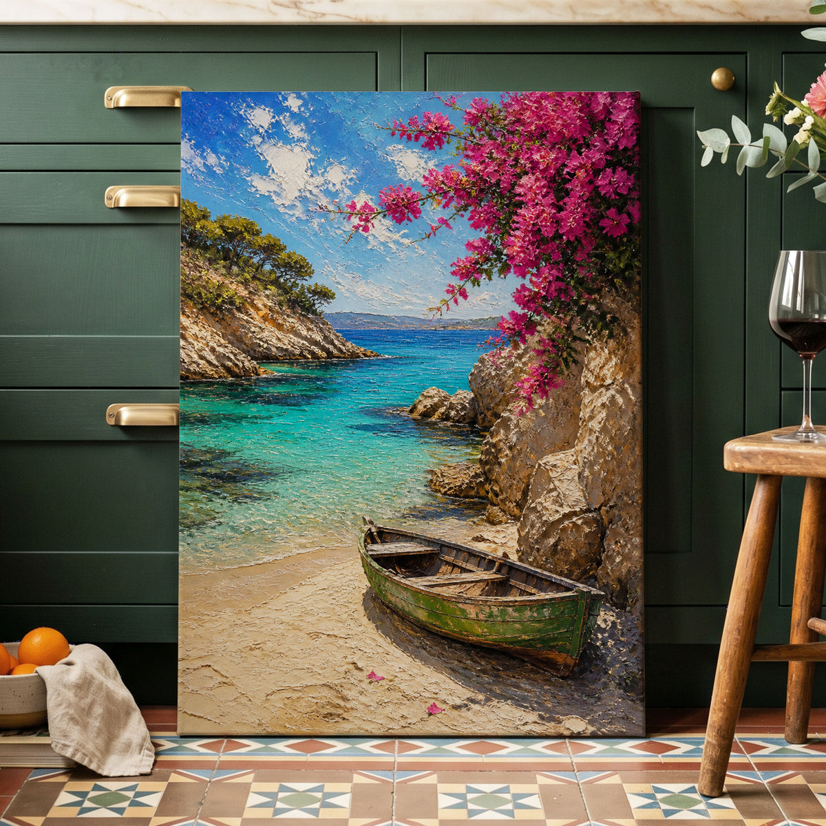 Bougainvillea Cove, blue, pink, beige nature wall art on canvas displayed in a styled interior, gallery view 1