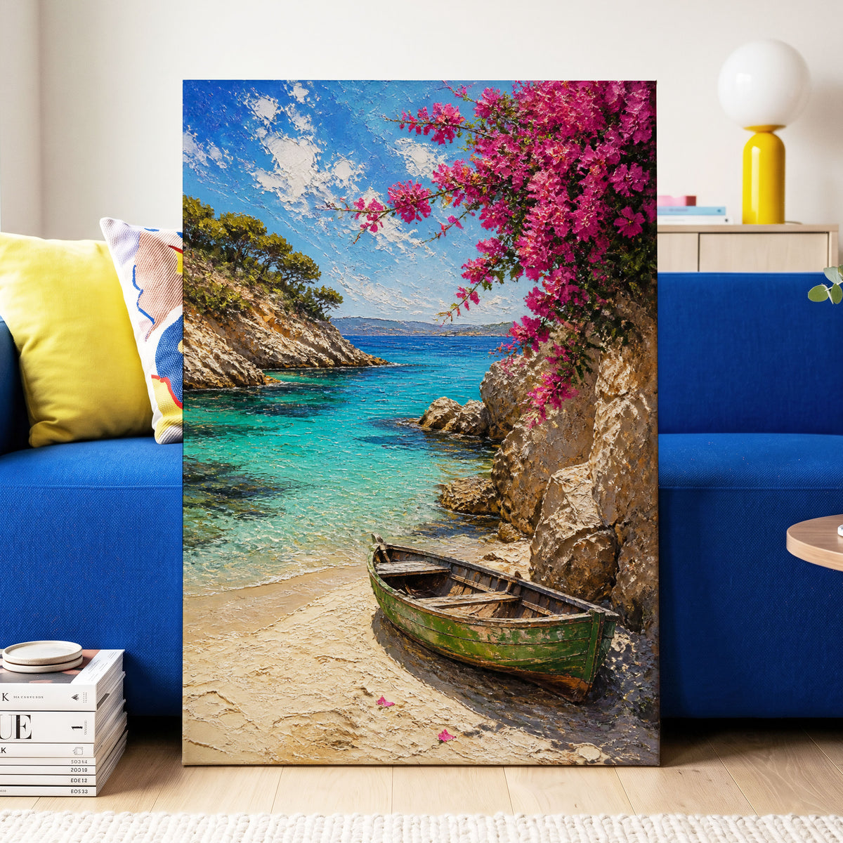 Bougainvillea Cove, blue, pink, beige nature wall art on canvas displayed in a styled interior, gallery view 2