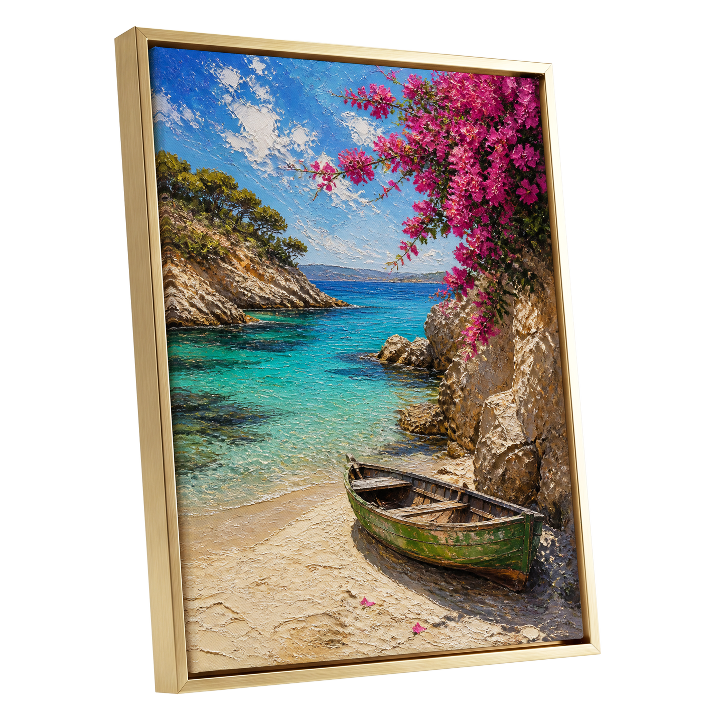 Bougainvillea Cove, blue, pink, beige nature wall art shown as a gold framed canvas wall art