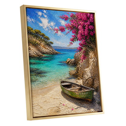 Bougainvillea Cove, blue, pink, beige nature wall art shown as a gold framed canvas wall art