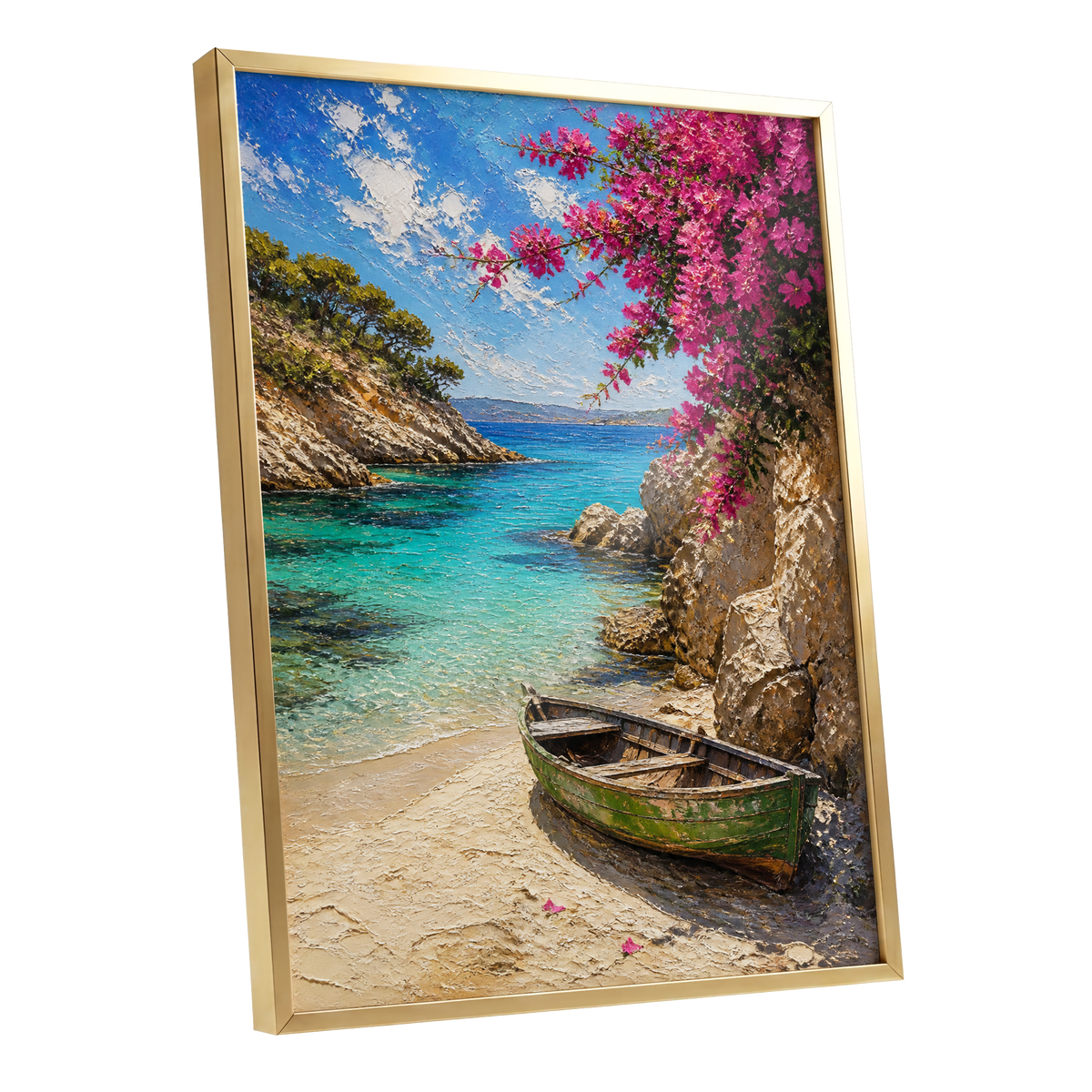 Bougainvillea Cove, blue, pink, beige nature wall art shown as a gold framed poster wall art print