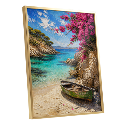 Bougainvillea Cove, blue, pink, beige nature wall art shown as a gold framed poster wall art print