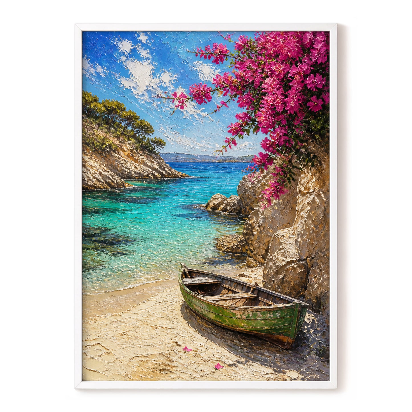 Bougainvillea Cove, blue, pink, beige nature wall art, front artwork view