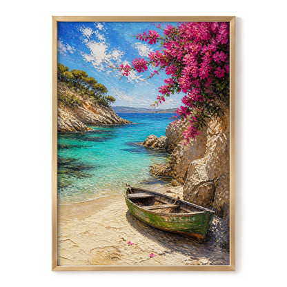Bougainvillea Cove, blue, pink, beige nature wall art, front artwork view