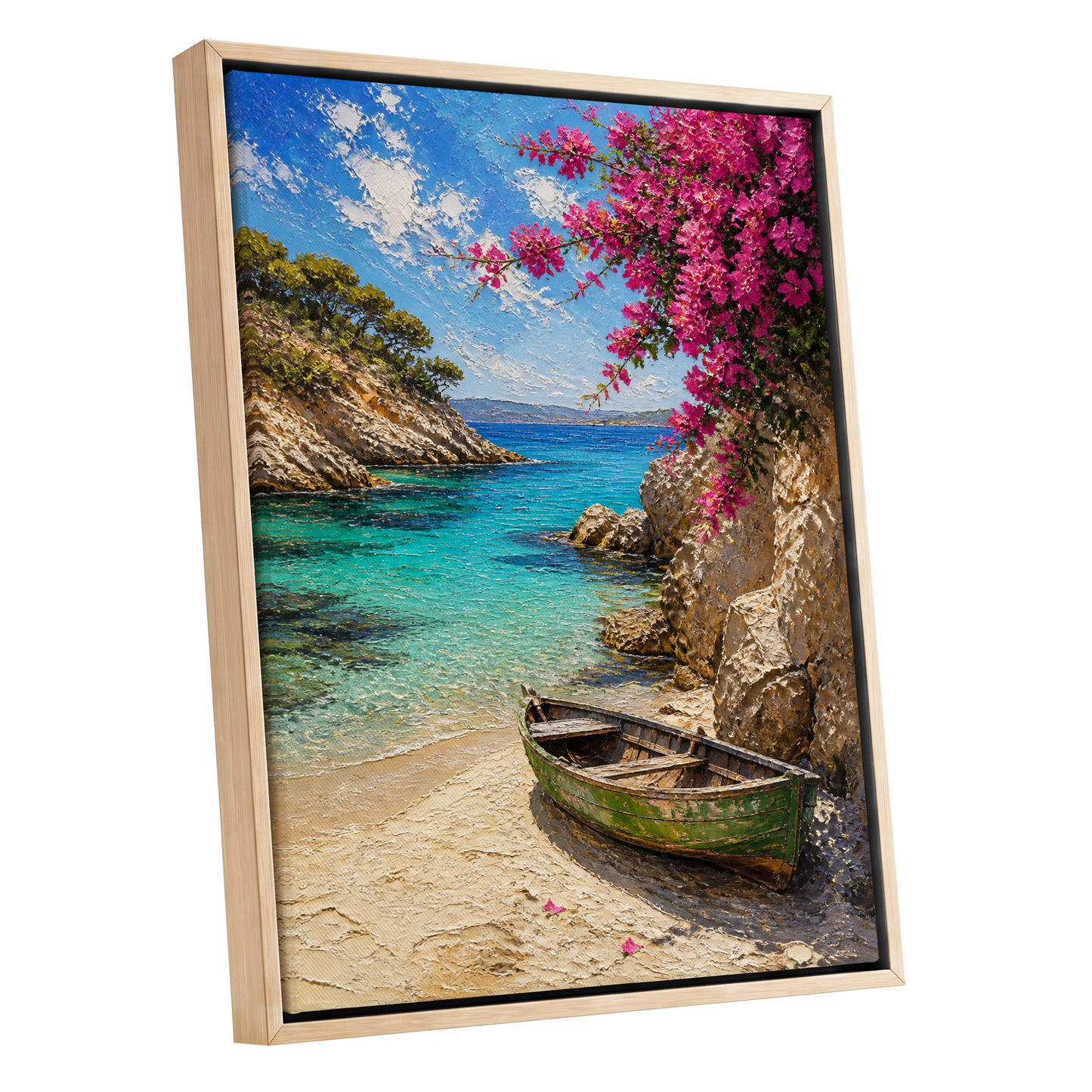 Bougainvillea Cove, blue, pink, beige nature wall art shown as a oak framed canvas wall art