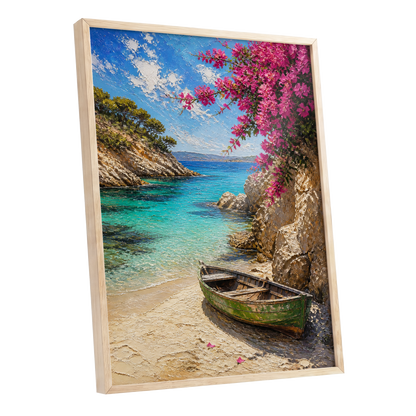 Bougainvillea Cove, blue, pink, beige nature wall art shown as a oak framed poster wall art print